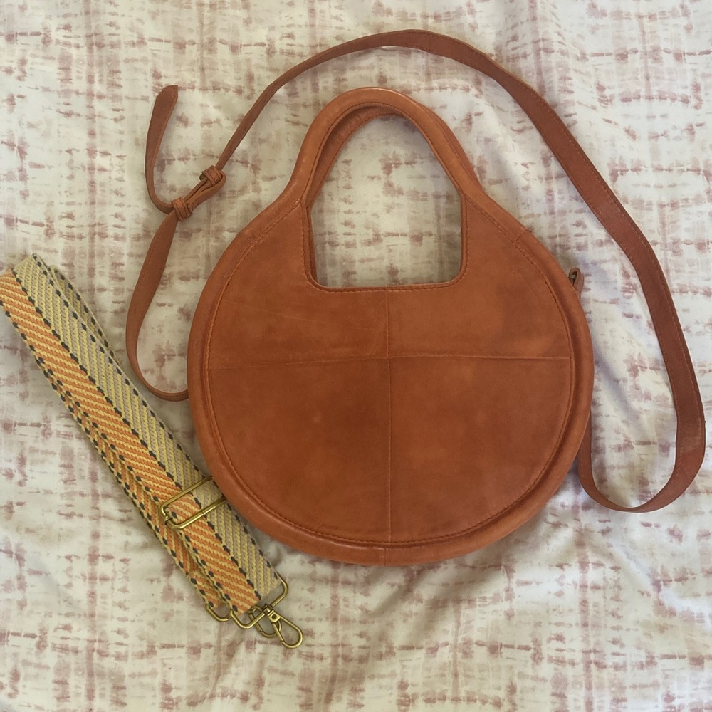 Anthropologie Julien Leather Round Tote Bag Orange/Brown Crossbody Sheep Leather